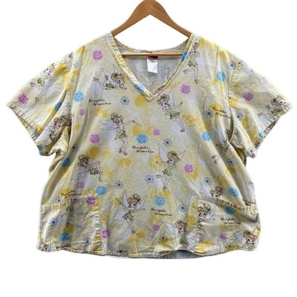 DISNEY Scrub Top Womens 2XL Yellow‎ Cotton Tinkerbell Pockets - Picture 1 of 8